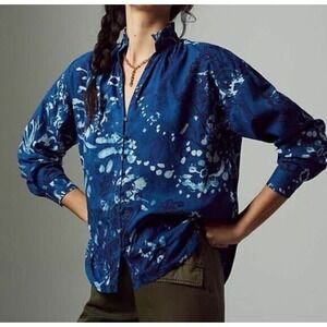 Anthropologie Pilcro Womens The Tavi Ruffled Button Down Top Medium Blue V Neck